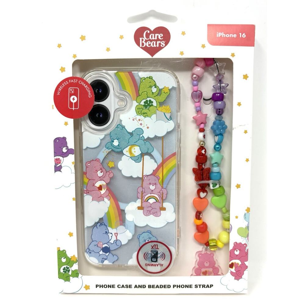Care Bears Skinny Dip iPhone 16 Hard Case Cover Beaded Strap Glitter Shimmer